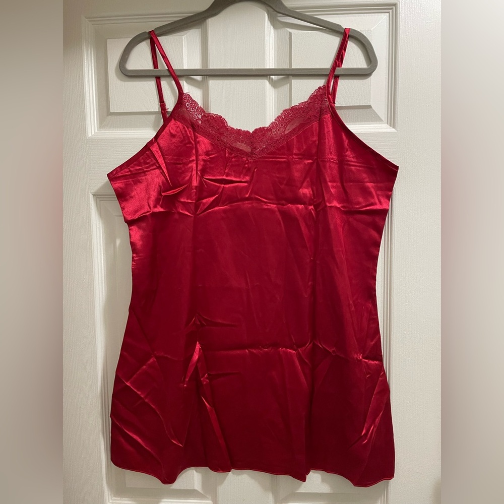 Lace-Trim Red Satin Chemise Slip